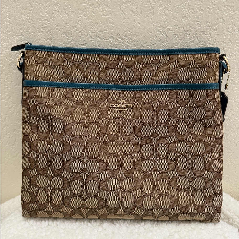 Coach Signature Canvas & Leather File Crossbody Bag Khaki/Teal